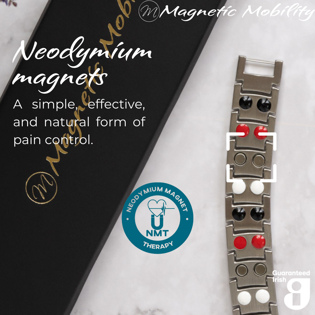 Ashe Star Double strength 4in1 magnetic bracelet from Magnetic Mobility, highlighting neodymium magnets which offer a simple, effective, and natural form of pain control. Perfect for alleviating arthritis, back pain, fibromyalgia, and more.