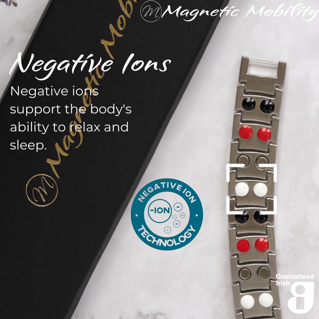 Ashe Star Double strength 4in1 magnetic bracelet by Magnetic Mobility, highlighting the negative ions feature which supports the body's ability to relax and sleep. Ideal for reducing stress and promoting better health.