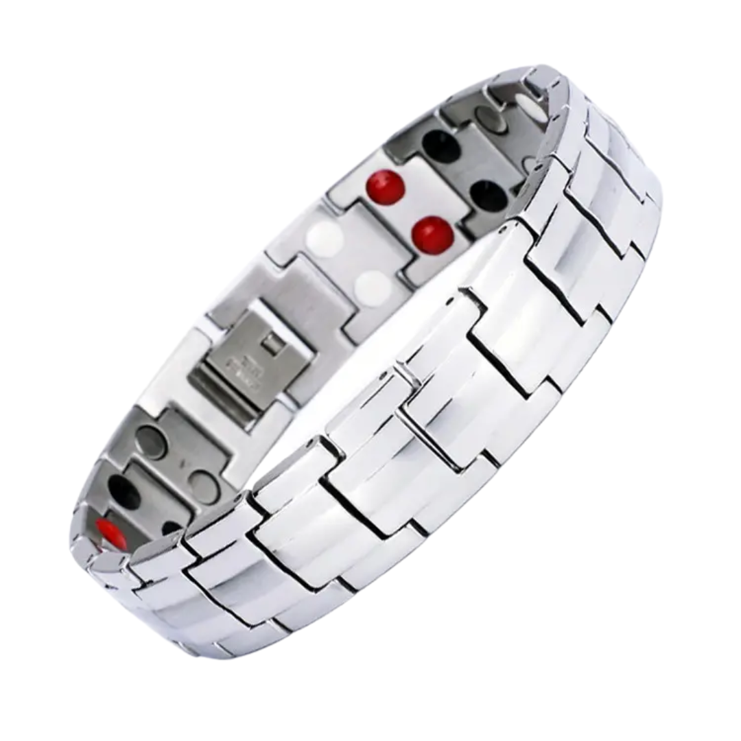 Ashe Star Double strength 4in1 magnetic bracelet by Magnetic Mobility, promoting arthritis, back pain, fibromyalgia relief with a stylish black design. The bracelet features a double row of health elements.