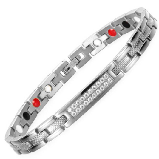 Honesty Star 4in1 Magnetic Bracelet from Magnetic Mobility in silver finish. Features a central panel with sparkling crystals and includes Neodymium Magnets, FIR elements, Germanium, and Negative Ions for therapeutic benefits. Stylish design with embedded therapeutic elements